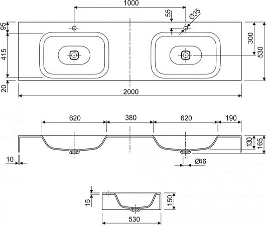 Мебельная раковина 200 см Cezares TITAN-2000-LVB