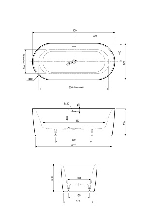 Акриловая ванна Cezares Metauro 180х80 METAURO-INT-Central-180-80-60-B-W-MATT черный матовый