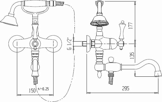 Смеситель для ванны и душа Cezares MARGOT-VDFM2-03/24-Bi/A, золото