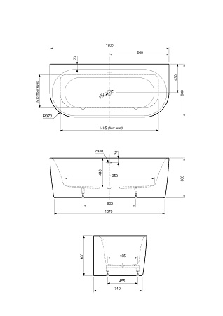 Акриловая ванна Cezares Metauro 180х80 METAURO-INT-Wall-180-80-60-B-W-MATT черный матовый
