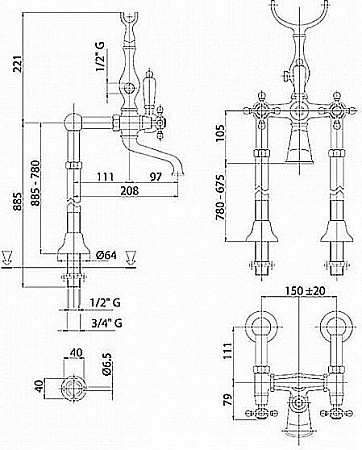 Смеситель для ванны и душа Cezares GOLF-VDP-03/24-M, золото