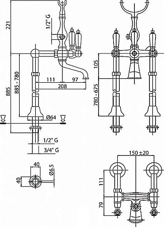 Смеситель для ванны и душа Cezares FIRST-VDPS-03/24-Nc, золото